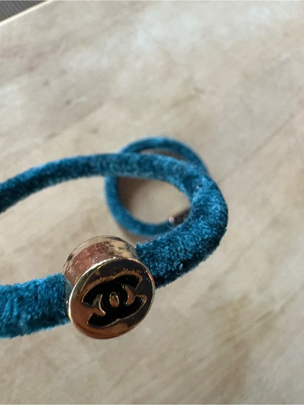 CHANEL  2 Teal Velvet Double Wrap with Gold-Tone CC Accent